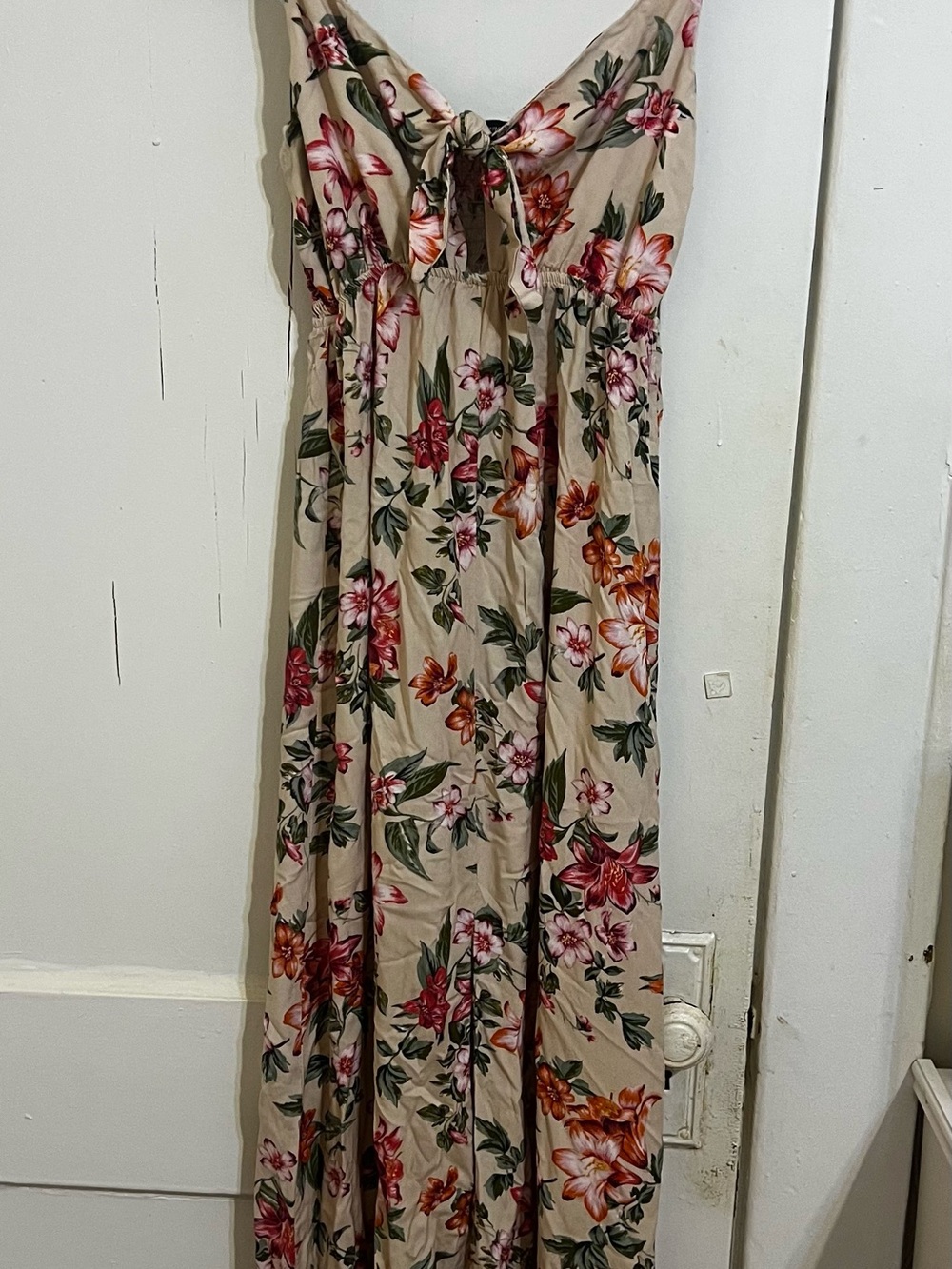 Beige Floral Tie-Front Maxi Dress - Women